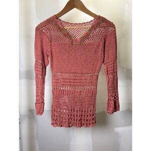 Vintage Style Pink Crochet Long Sleeve Top Floral Embroidered V-Neck Tunic